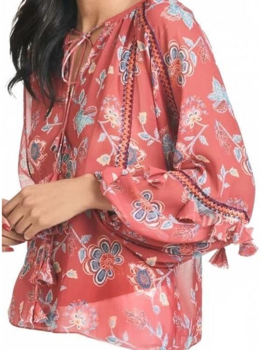Sachin & Babi XL Floral Boho Blouse Tassel Tie Embroidered Trim Sheer Sleeve